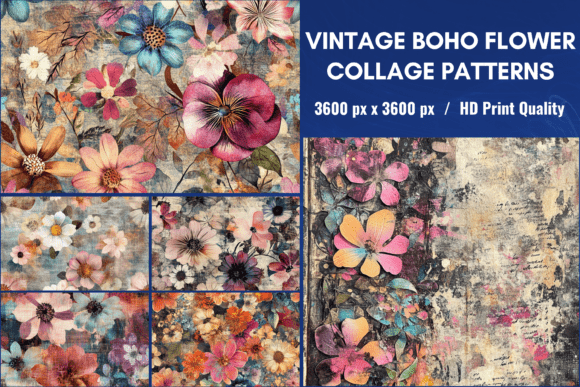 Download Vintage Boho Flower Collage Pattern - Flower Collection
