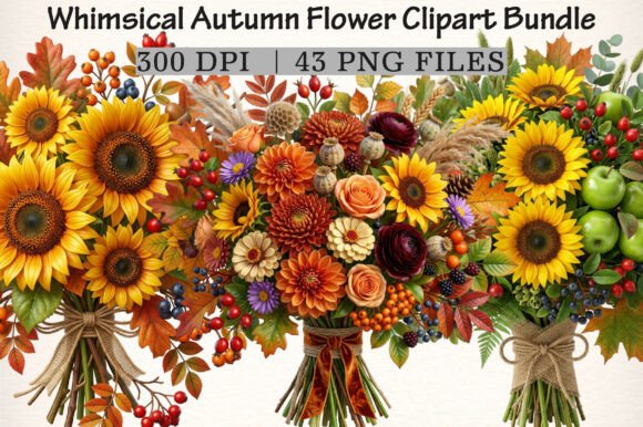 Download Whimsical Autumn Flower Clipart Bundle - Flower Collection