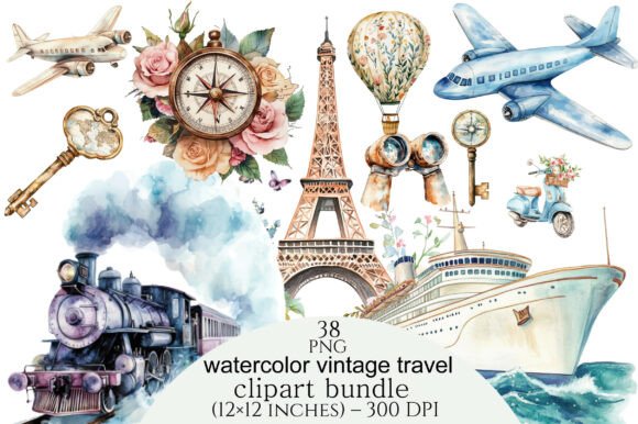 Download Watercolor Vintage Travel Clipart Bundle - Clipart Collection