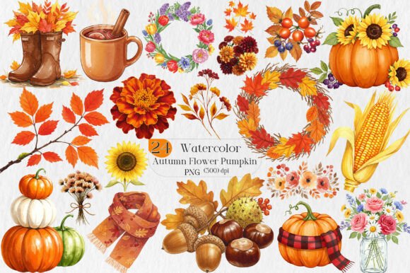 Download Watercolor Autumn Flower Pumpkin Designs - Flower Collection