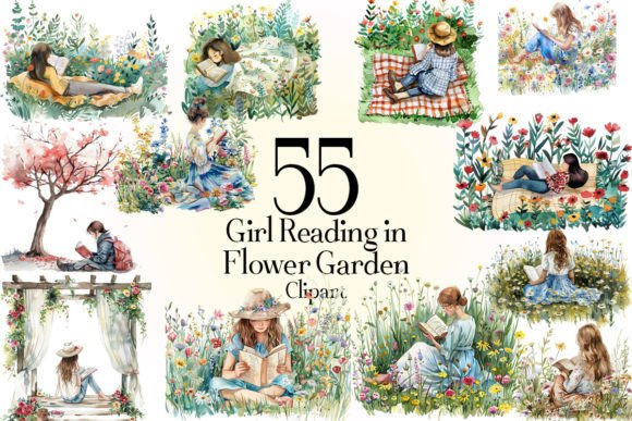 Download Girl Reading in Flower Garden Clipart - Flower Collection