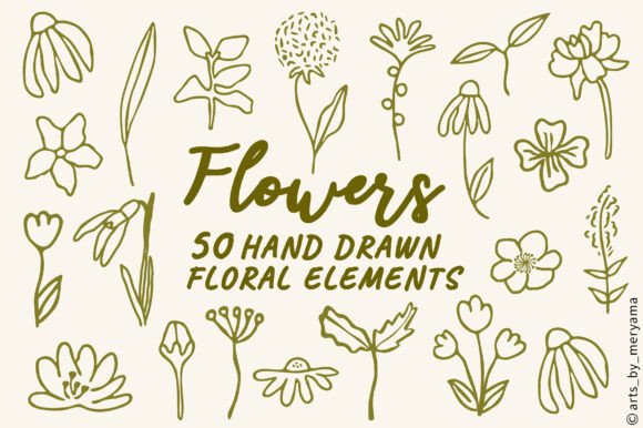 Download 50 Hand Drawn Flowers, Botanical Element - Flower Collection