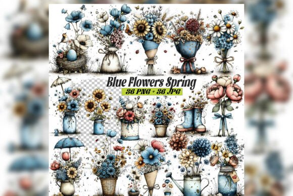 Download Whimsical Blue Spring Flowers Clipart Se - Flower Collection