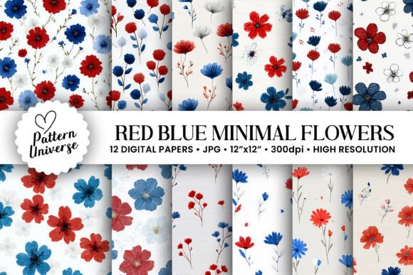 Download Red Blue Minimal Flowers Pattern - Flower Collection